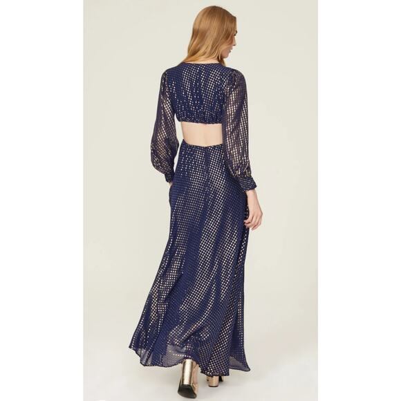 Delfi Collective Cerise navy blue metallic gold polka dot silk dress medium - Picture 2 of 15